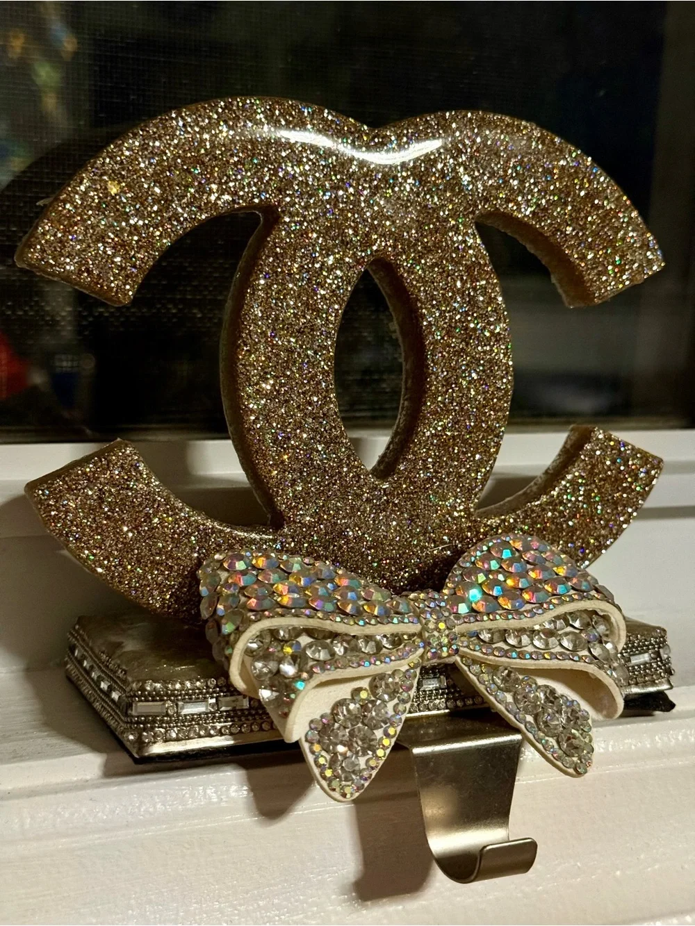 Glitter Rhinestone Bow Christmas Stocking Holder Glam Mantel Decor Handmade